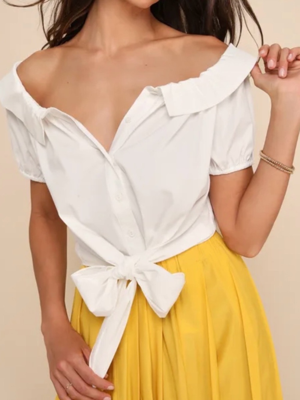 Lulu's White Off-Shoulder Tie-Front Blouse